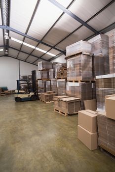 Forklift amid rows of boxes in a large warehouse