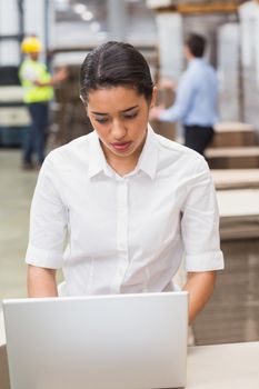 Focused manager using her laptop in warehouse