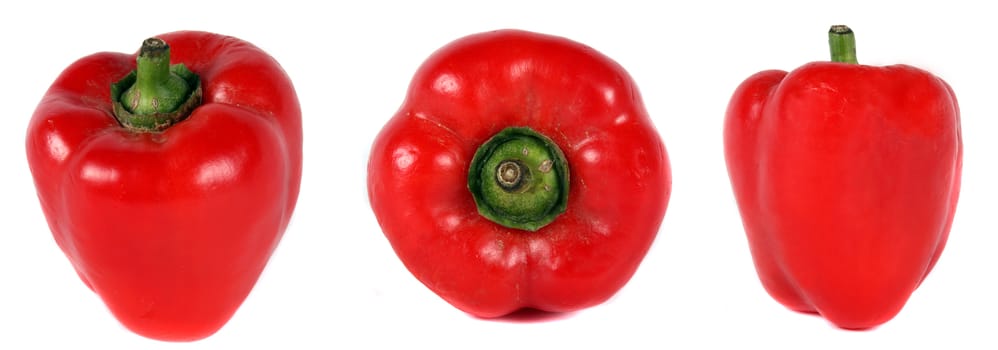 Three views of a stale red capsicum, isolated on white background