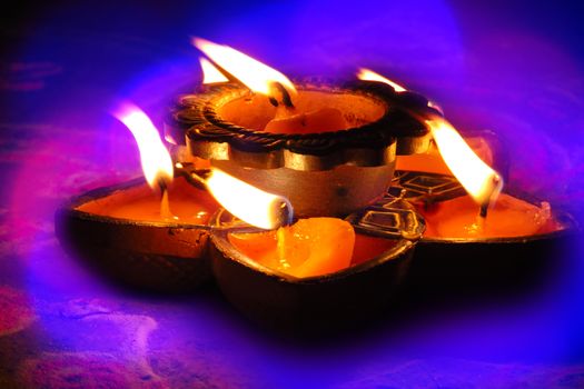Traditional ritual lamps lit up on the occassion of Diwali festival in India                               