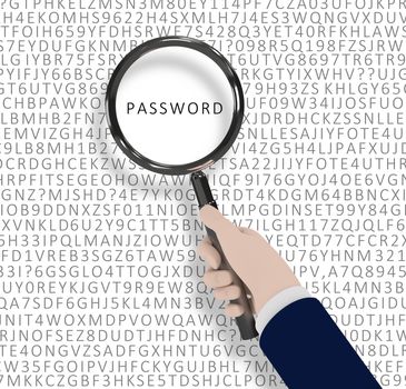 Illustration of a hand holding a magnifying glass with the word password highlighted