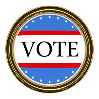 Illustration of a button with red white and blue design and the word vote