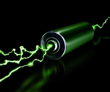 Green energy power supply battery sparks on dark background