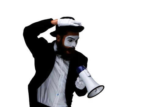 A mime as business man with a megaphone isolated on a white background. conceptual idea - to kill the word