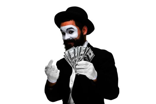 Man with a face mime luring money, isolated on a white background. concept  of promise benefits
