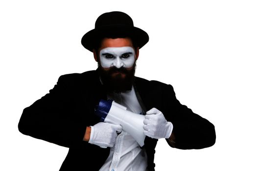 A mime as business man with a megaphone isolated on a white background. conceptual idea - to kill the word