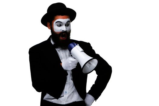 A mime as business man with a megaphone isolated on a white background. conceptual idea - to kill the word