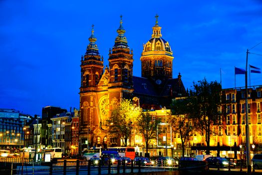 The Basilica of Saint Nicholas (Sint-Nicolaasbasiliek) in Amsterdam at night