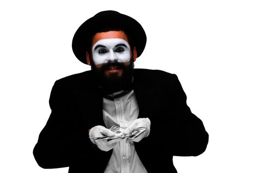 mime as businessman holding money isolated on a white background. concept  love of money 