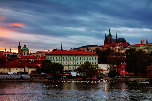 Old Prague cityscape in the evening at sunset