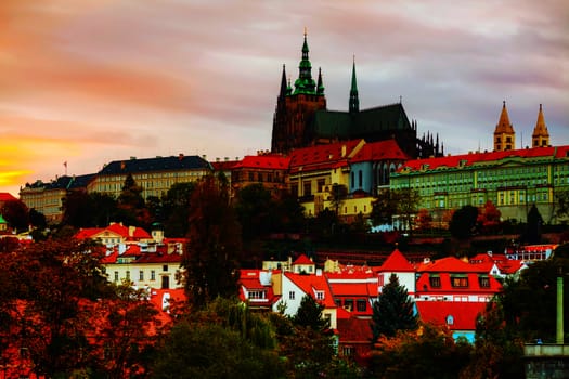 The Prague castle close up in the evening at sunset