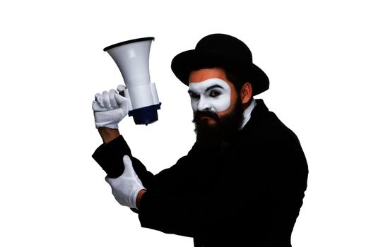 A mime as business man with a megaphone isolated on a white background. conceptual idea - to kill the word