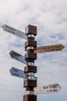 Distance marker at Cape Point in the Table Mountain National Park