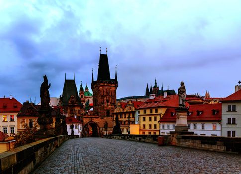 The Old Town with Charles bridge in Prague early in the morning