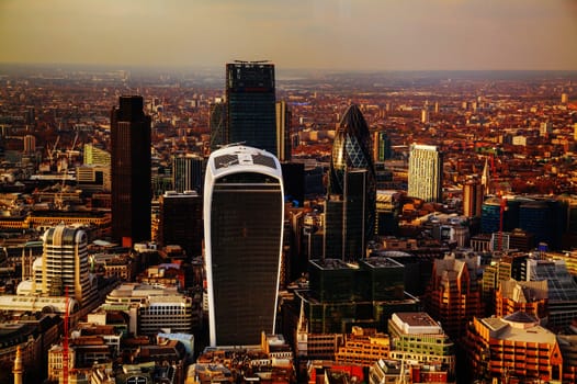 Aerial overview of London city in the evening