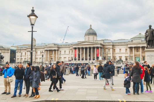 LONDON - APRIL 5: National Gallery building at Trafalgar square on April 5, 2015 in London, UK. Founded in 1824, it houses a collection of over 2,300 paintings dating from the mid-13th century to 1900.