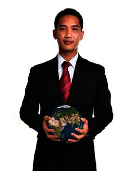bussiness man hold the earth isolated on white background. Elements of this image furnished by NASA.
