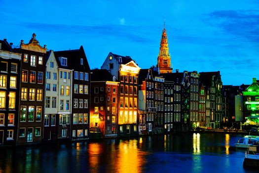 Night city view of Amsterdam, the Netherlands with canal
