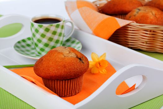 muffins and cup of tea on the tray