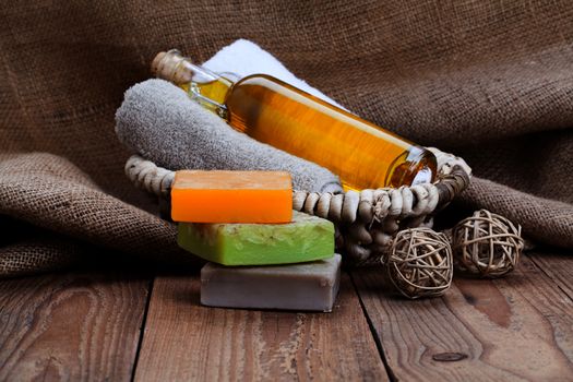 colorful handmade soap bars, on wooden background