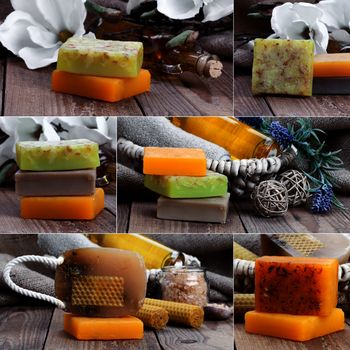 collage of colorful handmade soap bars, on wooden background