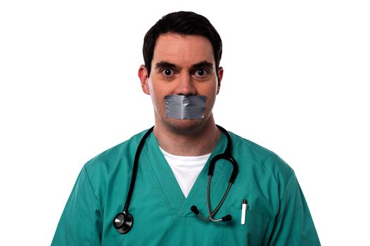 Male physician mouth covered by duct tape