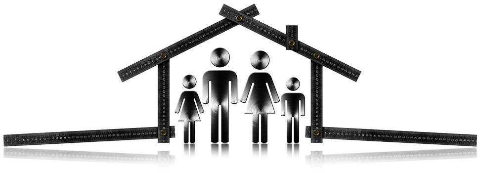Metal meter ruler in the shape of house isolated on white background with symbol of a family. House project concept.