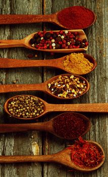 Wooden Spoons with Saffron, Sumac, Coriander, Dried Chili, Curry Powder, Mixed Pepper and Paprika on Rustic Wooden background. Retro Styled