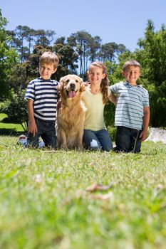 Happy siblings with their dog on a sunny day