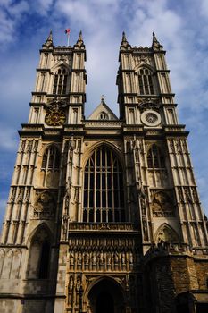 The front facade and towers of Westminster Abbey, London, UK.