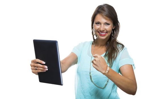 Close up Pretty Young Woman Browsing at her Black Tablet Computer, Isolated on White Background.