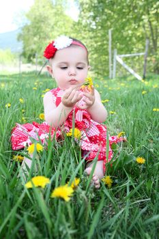 Brunette baby girl sitting outside in the field