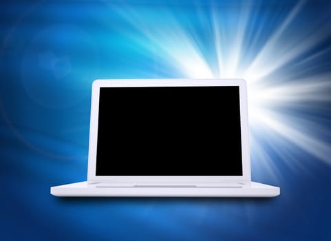 Laptop with black screen on abstract blue background 