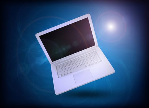 Laptop at angle with black screen on abstract blue background, side view