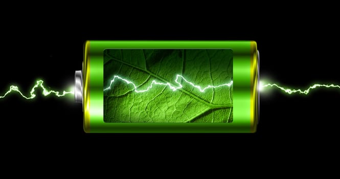 Opened green energy battery cell power spark isolated 
