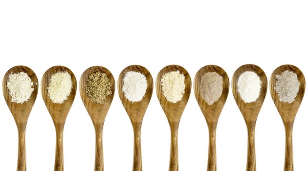 gluten free flours  collection (almond, coconut, flax meal, brown rice, quinoa, teff, potato, buckwheat) - top view of isolated wooden spoons