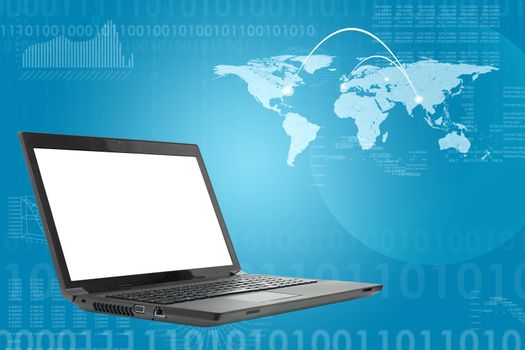Laptop with white screen on abstract blue background with map and hot spots. Virtual world map.