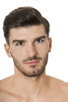 Handsome shirtless naked bearded young man standing looking intently at the camera with his hand to his chin in a sensual sexy pose, isolated on white