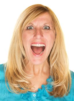 Close up of excited middle aged woman laughing