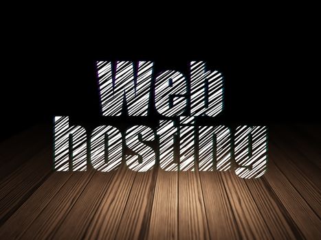 Web development concept: Glowing text Web Hosting in grunge dark room with Wooden Floor, black background, 3d render