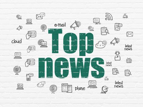 News concept: Painted green text Top News on White Brick wall background with  Hand Drawn News Icons, 3d render