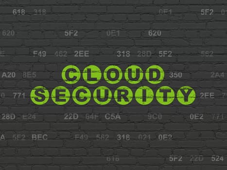 Cloud networking concept: Painted green text Cloud Security on Black Brick wall background with Hexadecimal Code, 3d render