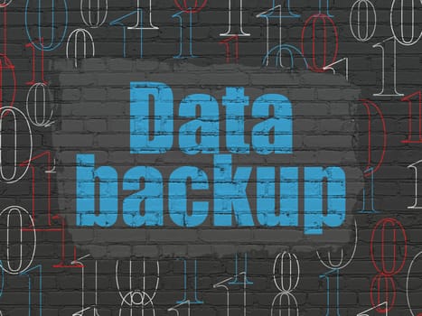 Data concept: Painted blue text Data Backup on Black Brick wall background with  Binary Code, 3d render