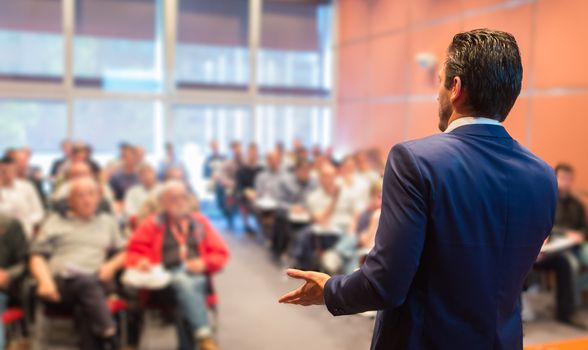 Speaker at Business Conference with Public Presentations. Audience at the conference hall. Entrepreneurship club. Rear view. Horisontal composition. Background blur.