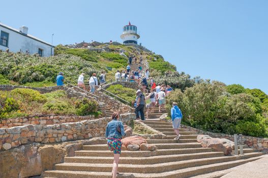 CAPE TOWN, SOUTH AFRICA - DECEMBER 12, 2014:  Long climb from the funicular to the historic first lighthouse at Cape Point