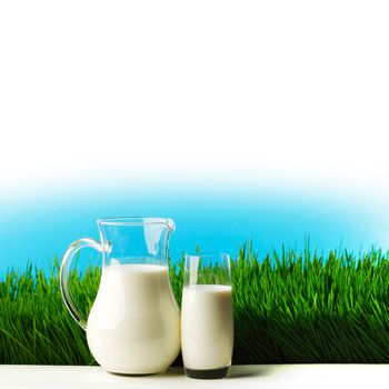 Glass of milk and jar on fresh grass meadow with chamomiles