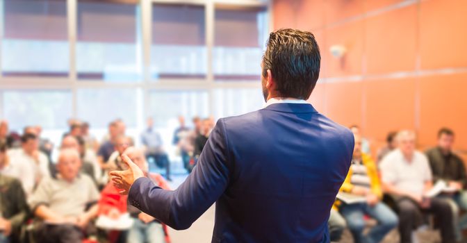 Speaker at Business Conference with Public Presentations. Audience at the conference hall. Entrepreneurship club. Rear view. Horisontal composition. Background blur.