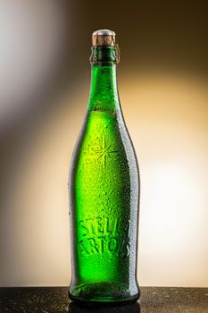 Dnepropetrovsk, Ukraine - January 3, 2015: Stella Artois, prominent brand of Anheuser-Busch InBev, is a pilsner brewed in Leuven, Belgium, since 1926