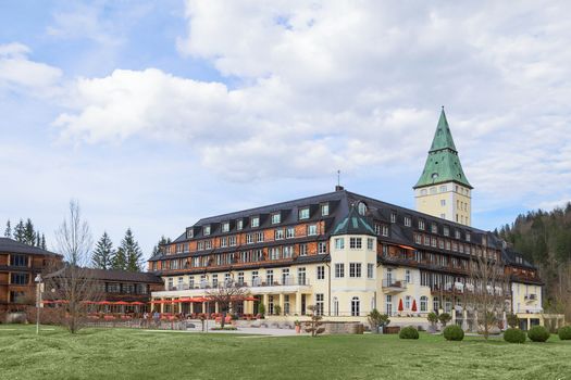 Garmisch-Partenkirchen, Germany - April 26, 2015: The leaders of the G7 "Great Seven" members countries will meet in the hotel Schloss Elmau royal luxury residence in Bavarian Alpine valley.