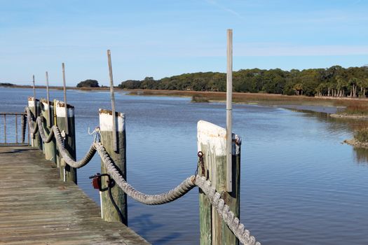 Tropical wooden dock overlooking the lake or bay.